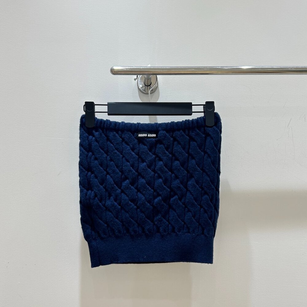 Miu Miu letter logo dark blue cable knit tube top